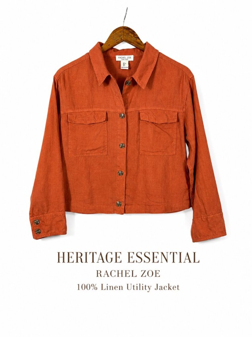 Rachel Zoe 100% Linen Utility Jacket Shirt Burnt Orange Cropped Small